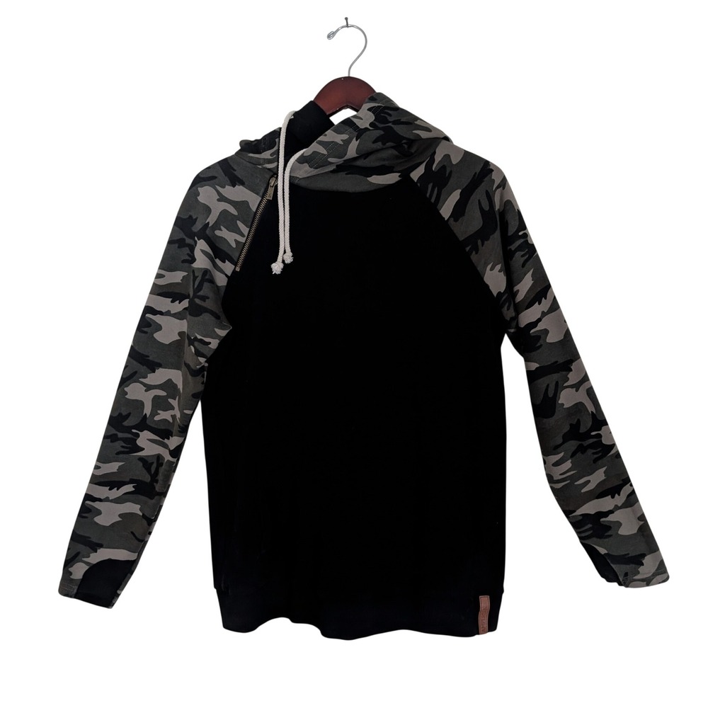Ampersand Ave Double Hood Hoodie Black Camo Asymmetrical Zip Sweatshirt Large